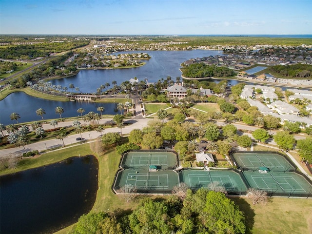 aerial view featuring a water view