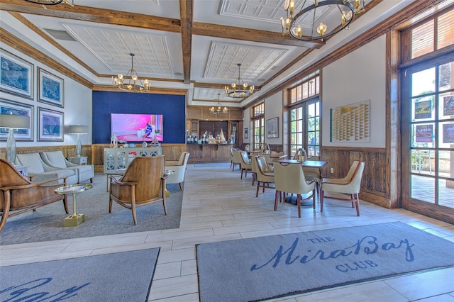 dining space with coffered ceiling, an inviting chandelier, crown molding, wooden walls, and beam ceiling