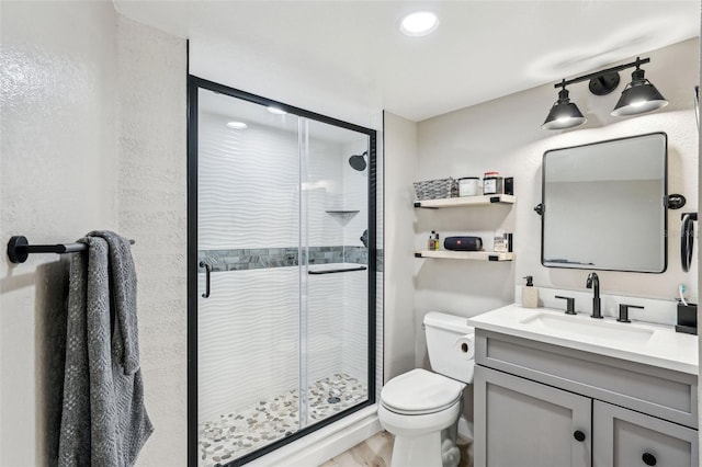 bathroom featuring toilet, an enclosed shower, and vanity