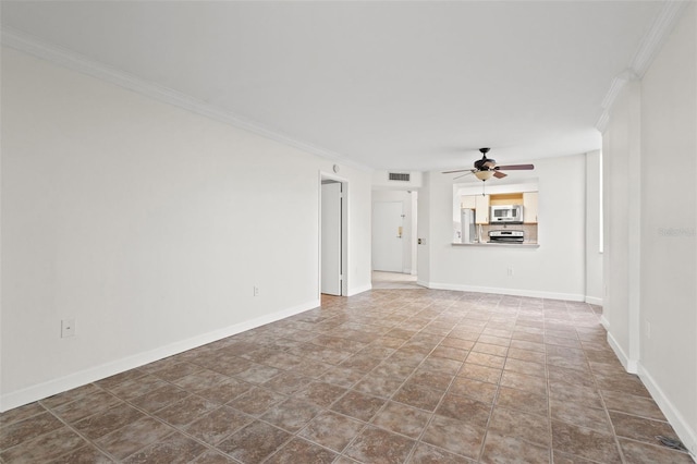 unfurnished living room featuring ceiling fan and crown molding