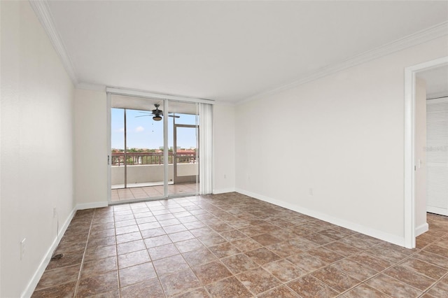 spare room with ceiling fan and crown molding