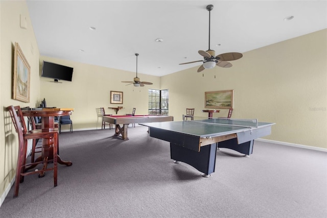 recreation room with ceiling fan, billiards, and carpet floors