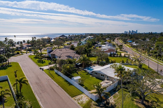 drone / aerial view featuring a water view