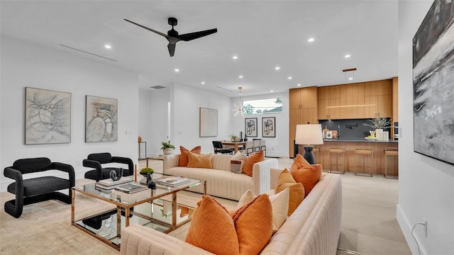 living room featuring ceiling fan