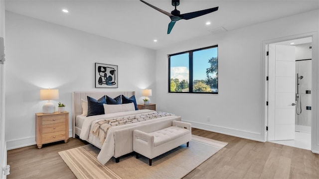 bedroom with ceiling fan, light hardwood / wood-style floors, and connected bathroom