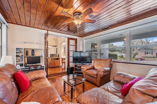 living room with light hardwood / wood-style floors, wooden ceiling, and ceiling fan