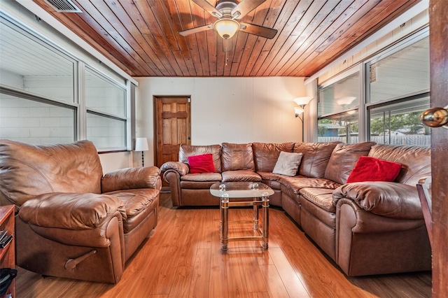 living room with wooden ceiling, light hardwood / wood-style floors, and ceiling fan