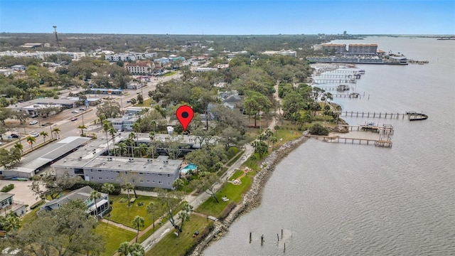 birds eye view of property featuring a water view