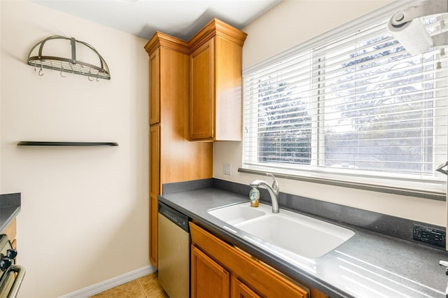 kitchen featuring sink, dishwasher, and light tile patterned flooring