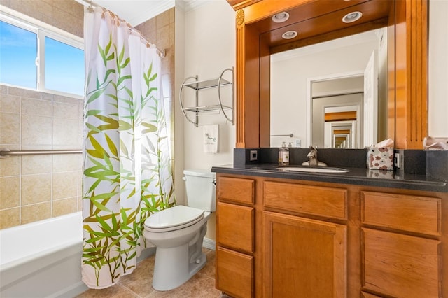 full bathroom featuring toilet, shower / tub combo with curtain, tile patterned floors, crown molding, and vanity