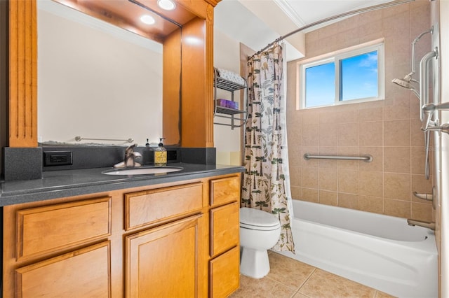 full bathroom featuring toilet, vanity, tile patterned floors, shower / bath combination with curtain, and ornamental molding