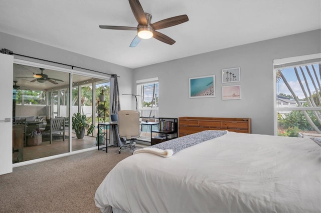 bedroom with ceiling fan and carpet floors