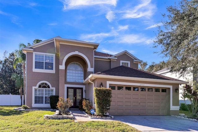 view of front of home with french doors and a front yard