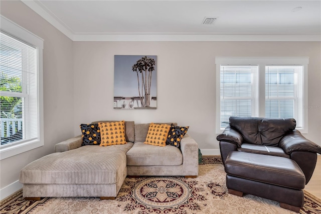 living room featuring ornamental molding