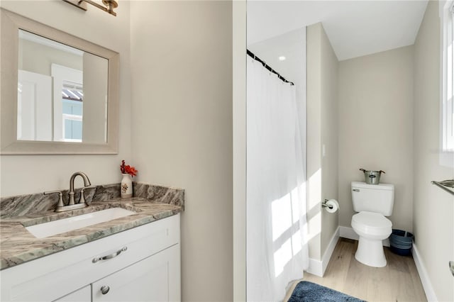 bathroom with toilet, a shower with curtain, hardwood / wood-style floors, and vanity