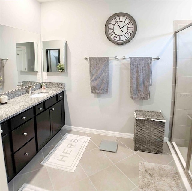 bathroom with tile patterned flooring, vanity, and a shower with shower door