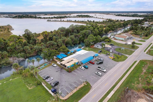 bird's eye view with a water view