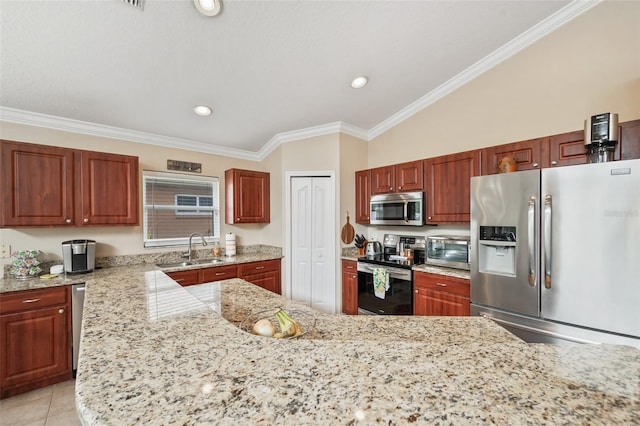 kitchen with crown molding, vaulted ceiling, appliances with stainless steel finishes, sink, and light stone countertops