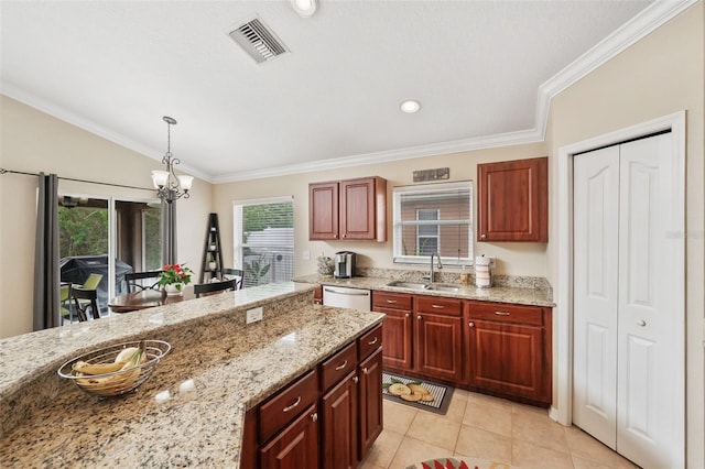 kitchen with sink, pendant lighting, dishwasher, and light stone counters