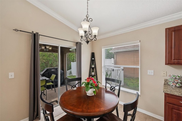 dining space with crown molding, light tile patterned flooring, vaulted ceiling, and a notable chandelier