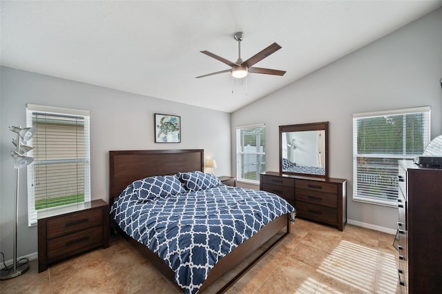 bedroom with ceiling fan and lofted ceiling