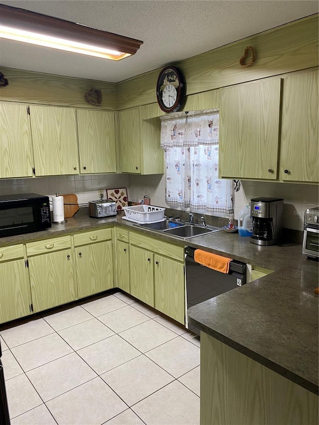 kitchen featuring sink, a textured ceiling, light tile patterned flooring, backsplash, and black appliances