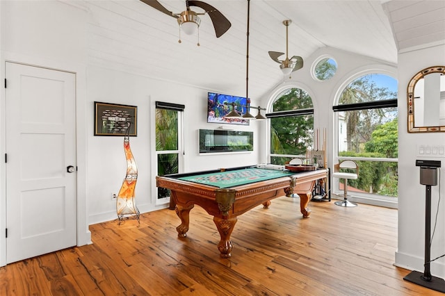 recreation room featuring lofted ceiling, ceiling fan, light hardwood / wood-style floors, pool table, and wooden ceiling