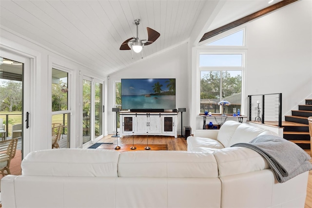 living room with ceiling fan, a wealth of natural light, lofted ceiling, and hardwood / wood-style flooring