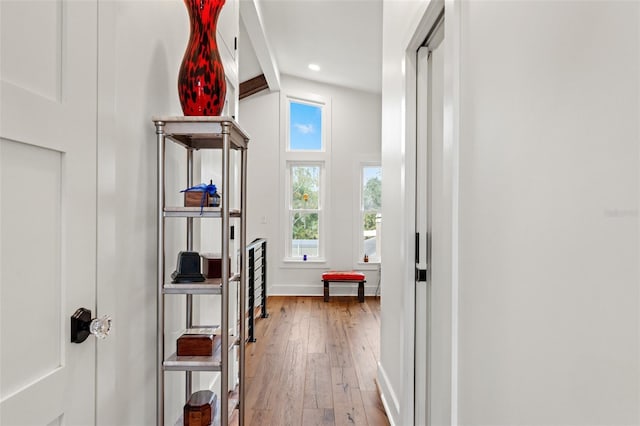 corridor with lofted ceiling and hardwood / wood-style floors