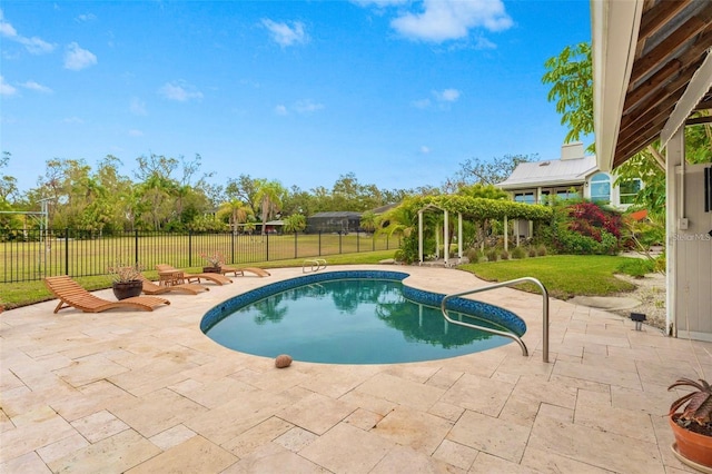 view of pool with a patio area and a yard