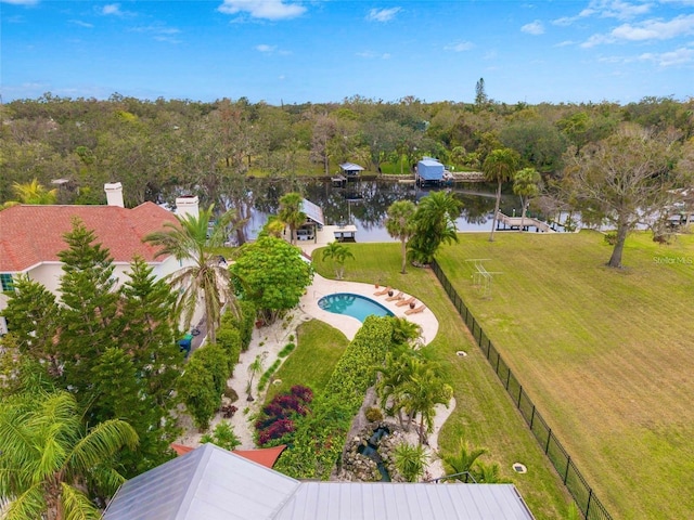 birds eye view of property featuring a water view