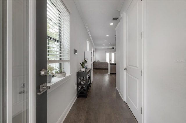 corridor with dark hardwood / wood-style flooring and crown molding