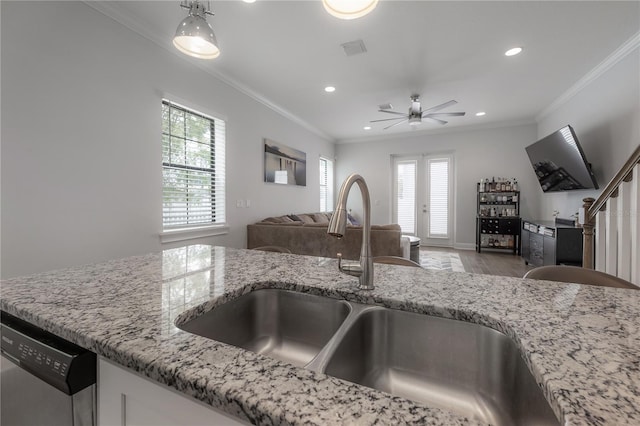 kitchen with light stone countertops, stainless steel dishwasher, a wealth of natural light, and sink