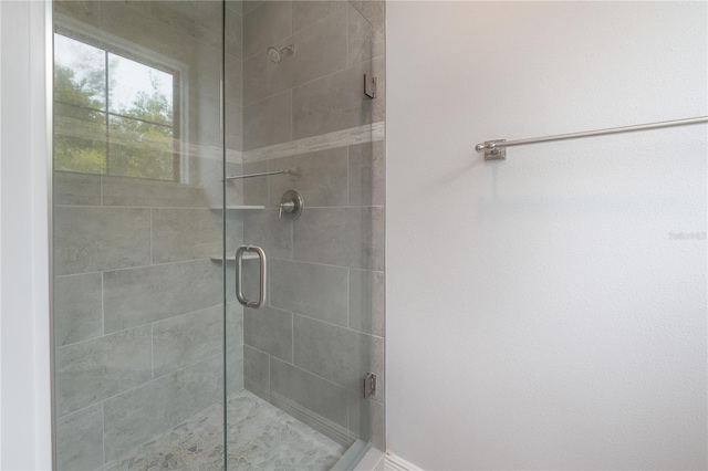 bathroom featuring a shower with shower door