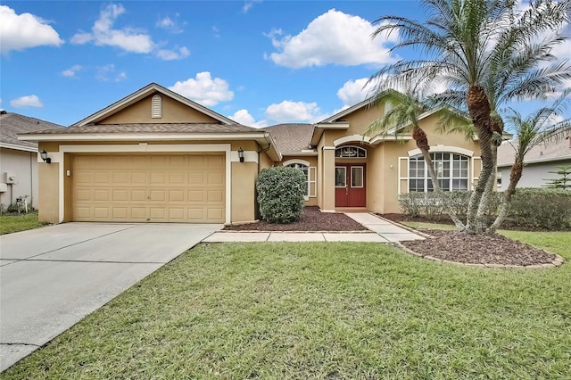 ranch-style home with a front yard and a garage