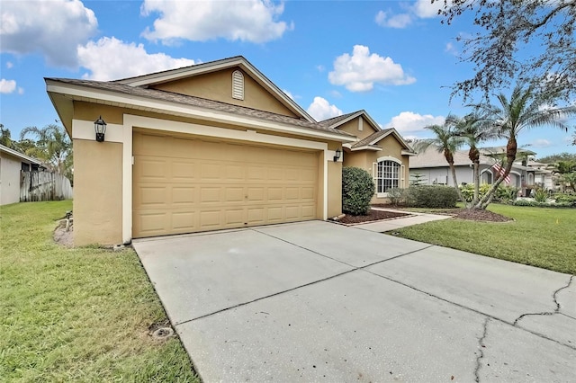 single story home featuring a front yard and a garage