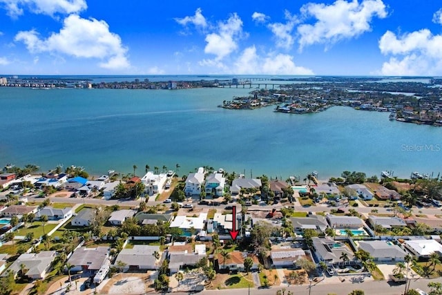 drone / aerial view featuring a water view