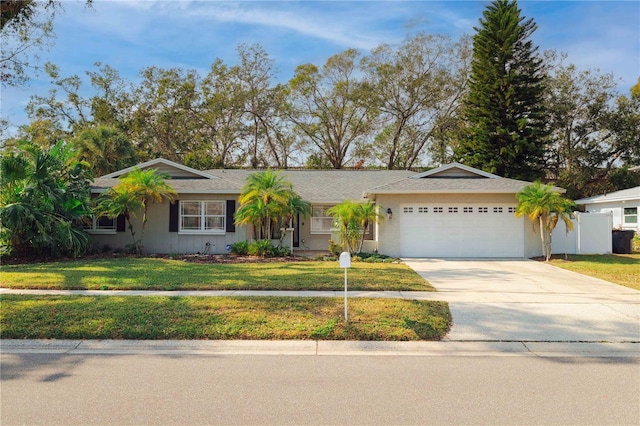 ranch-style home with a front lawn and a garage