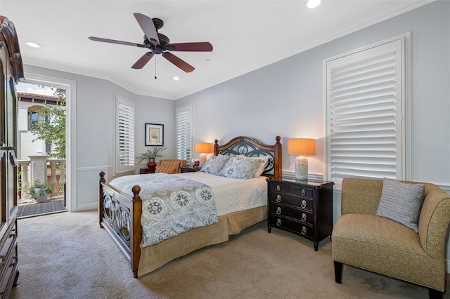 bedroom featuring ornamental molding, ceiling fan, access to exterior, and light carpet