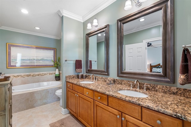 bathroom featuring ceiling fan, tiled bath, toilet, vanity, and crown molding