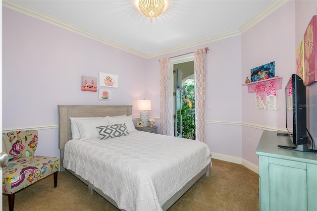 carpeted bedroom featuring crown molding