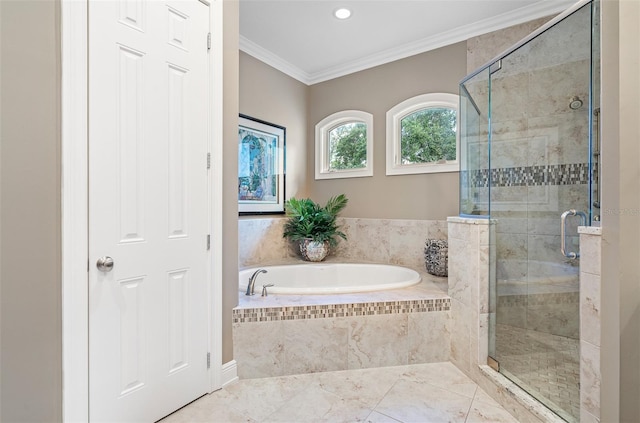 bathroom with independent shower and bath, tile patterned flooring, and crown molding