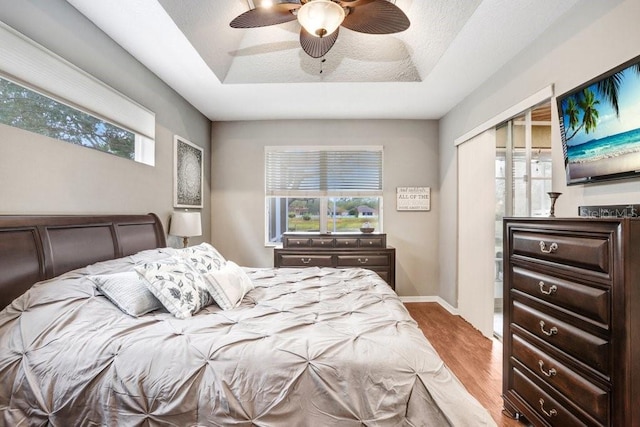 bedroom featuring a raised ceiling, ceiling fan, a closet, and multiple windows