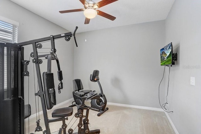 workout room featuring ceiling fan and carpet flooring