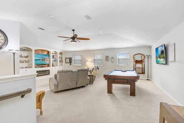 rec room featuring ceiling fan, light colored carpet, built in shelves, and billiards