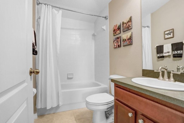 full bathroom with shower / bath combination with curtain, toilet, vanity, and tile patterned flooring