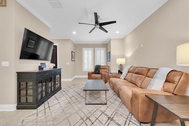 tiled living room featuring ornamental molding and ceiling fan