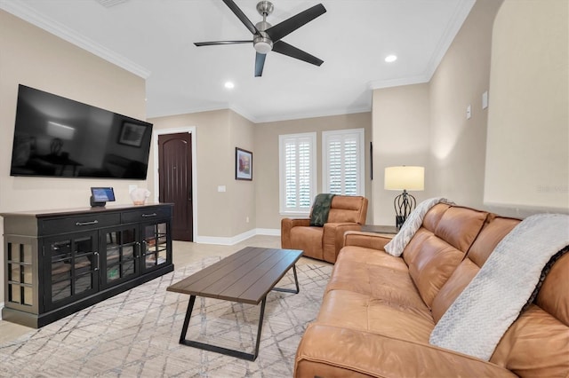 living room featuring ceiling fan and ornamental molding