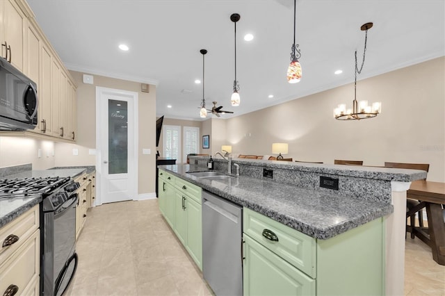 kitchen with dishwasher, decorative light fixtures, a kitchen island with sink, black range with gas stovetop, and sink