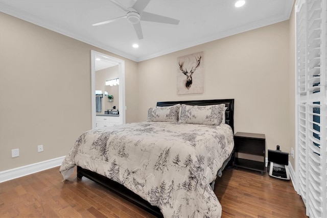 bedroom with ceiling fan, crown molding, and hardwood / wood-style flooring